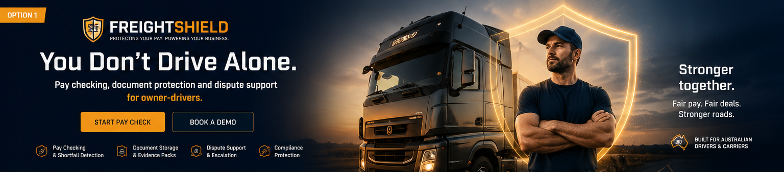 Owner-driver standing confidently in front of truck with FreightShield protection shield