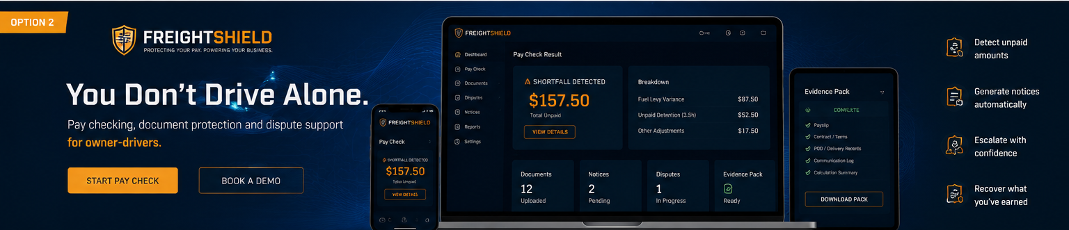 FreightShield dashboard showing pay check result with $157.50 shortfall detected, breakdown of fuel levy variance and detention, evidence pack complete with documents uploaded and disputes tracked