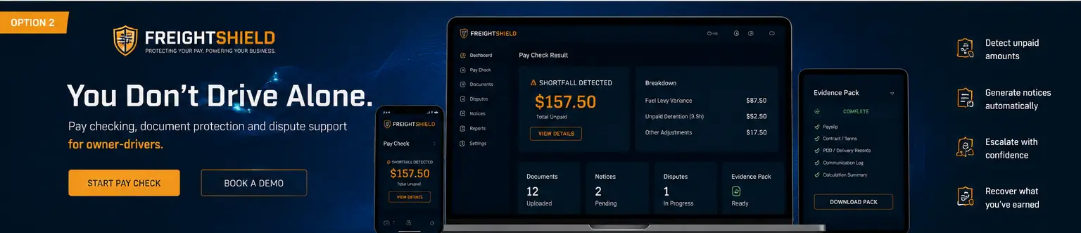 FreightShield dashboard showing pay check result with $157.50 shortfall detected, breakdown of fuel levy variance and detention, evidence pack complete with documents uploaded and disputes tracked