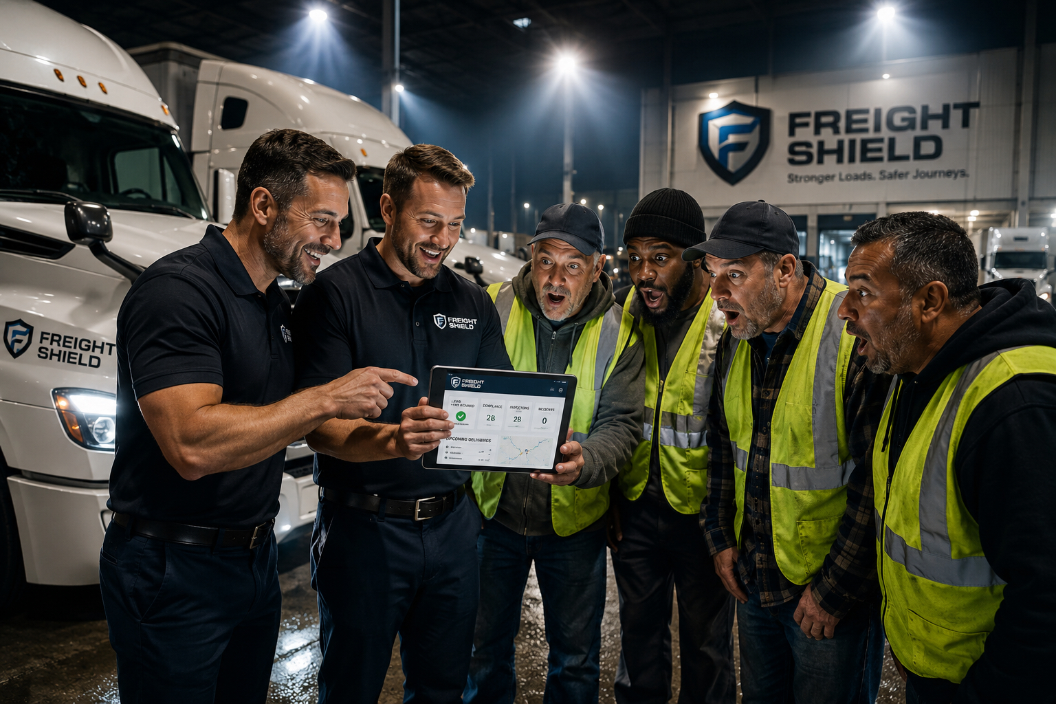 Four owner-drivers reacting with surprise to a FreightShield pay shortfall result shown on a tablet, at a busy truck yard at night