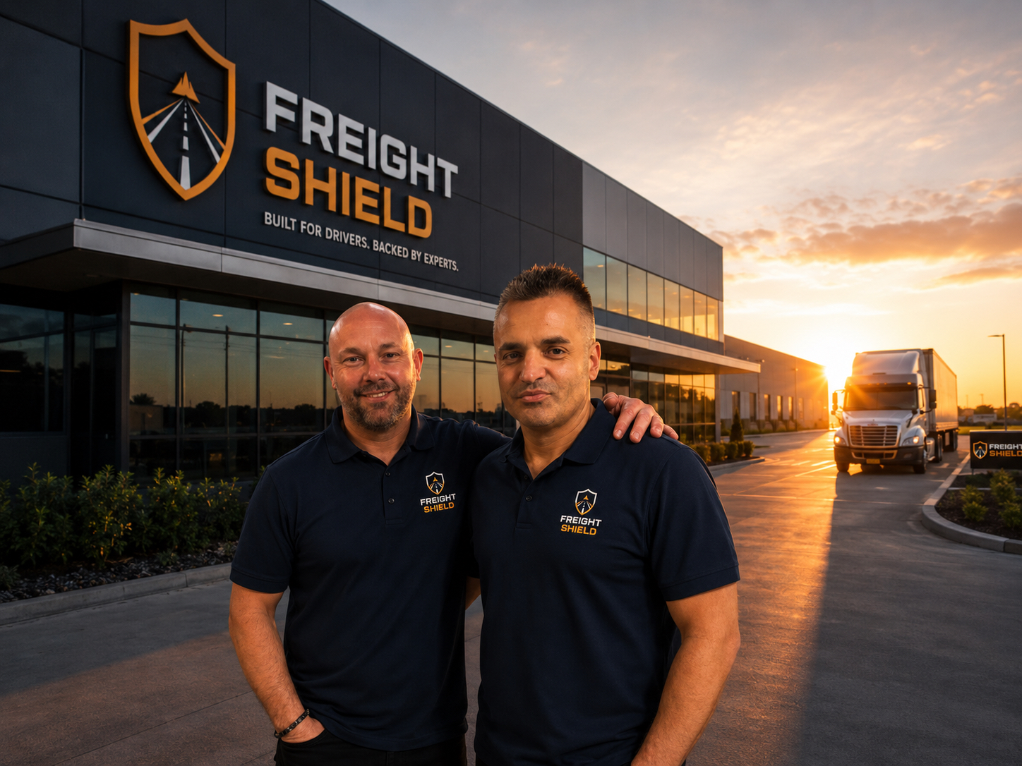 FreightShield leadership team standing together in front of the FreightShield office building at sunset, with a truck arriving in the background