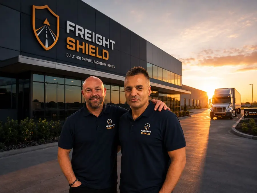 FreightShield leadership team standing together in front of the FreightShield office building at sunset, with a truck arriving in the background
